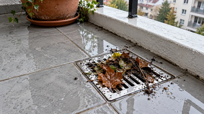 Balkon giderinde yaprak ve toprak birikmesi