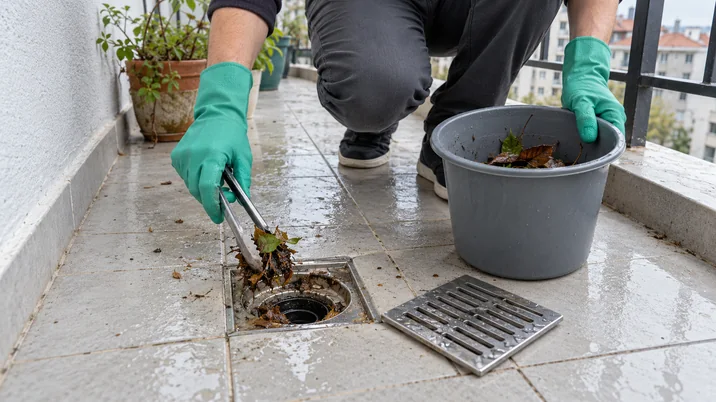 Tıkalı balkon giderinin elle temizlenmesi